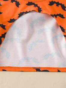 2Pcs Girls 2 Pieces Set Short Hollow-Out Bat Print Sweatshirt & Elastic Ribbed Slim Fit Cami Dress, Casual Vacation Halloween Autumn - Orange - View 7