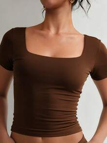 XLLAIS Camiseta básica de cuello redondo de manga corta con elástico ajustado en color marrón para mujer, de uso casual en verano - Marrón oscuro - Ver 2