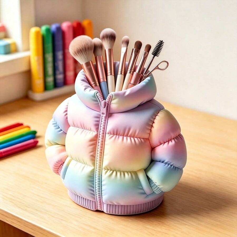 2pcs Cute Down Jacket Shaped Storage Box, Creative Makeup Organizer, Multi-Functional Desktop Stationery Holder, Aesthetic Desk Decor, Suitable For Office, Home, Student Dorm, Unique Gift For Girls (1 Storage Box + 1 Mini Scarf) - Multicolor - View 1
