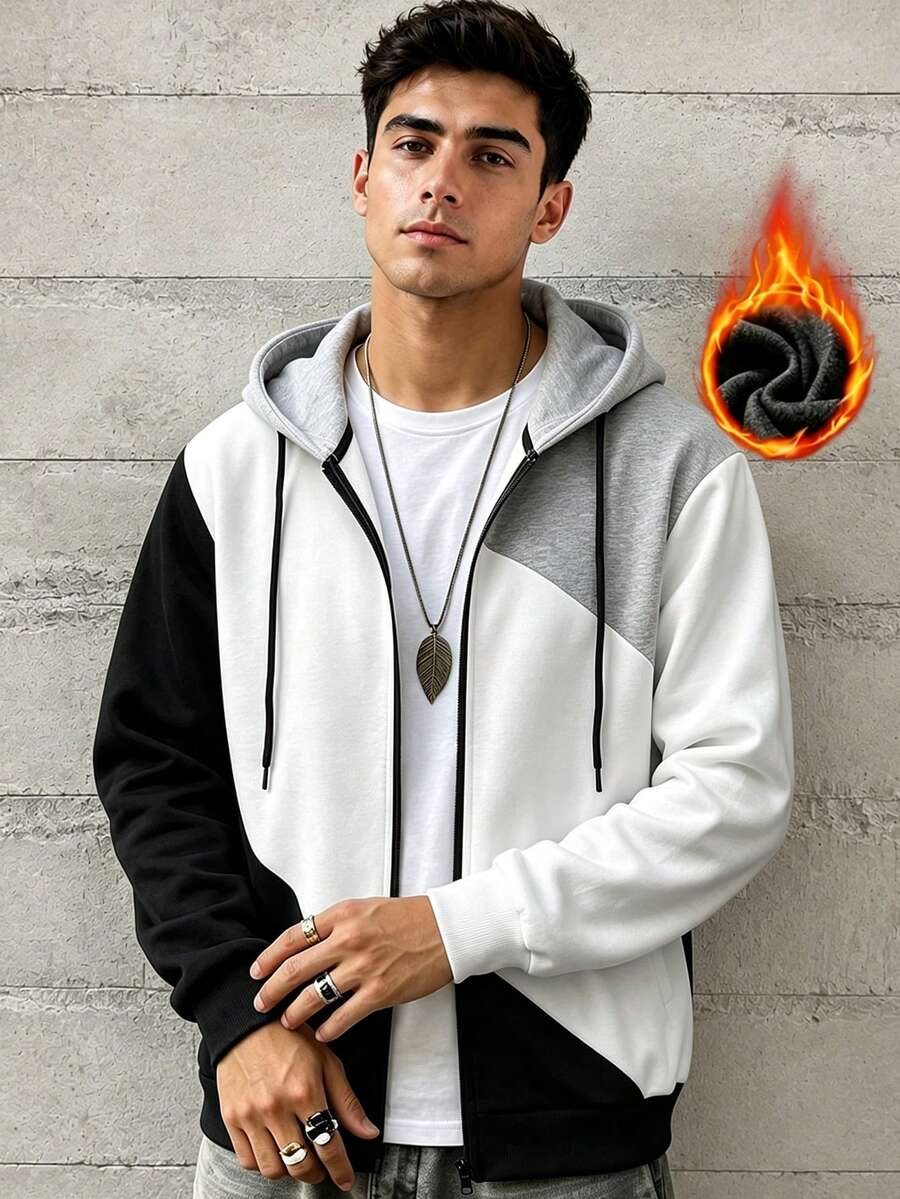 Men's Casual Zip-Up Hoodie With Contrast Color, Thermal Lining, Autumn/Winter, Long Sleeve Top - White - View 1