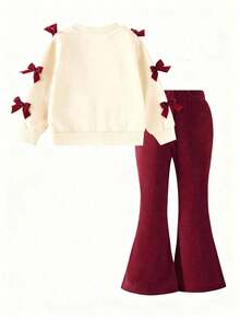 Young Girl Letter Print Round Neck Long Sleeve Top And Flared Pants Set - Apricot - View 3