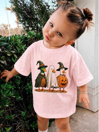 Toddler Girls Pure Cotton Short Sleeve Halloween T-Shirt, Spooky Cute Duck Ghost & Pumpkin Graphic Tee, Fall And Summer Casual Kids Pullover Top
