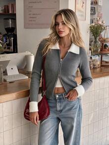 Aflion Women Fall Grey Ribbed Knit Zip Up Cardigan, Furry Collar & Cuff Long Sleeve Fitted Sweater For Date, Daily & Street Wear - Grey - View 8