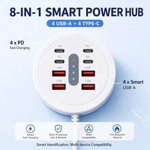 Upgraded 66W Round 8-Port USB Fast Charging Station - 4*Type-C PD + 4*USB-A, Compact Artistic Design, High-Speed Charging, Suitable For Laptops/Tablets/Multiple Devices, A Fast Charger Designed For Multiple Devices, Space-Saving Power Hub - View 8