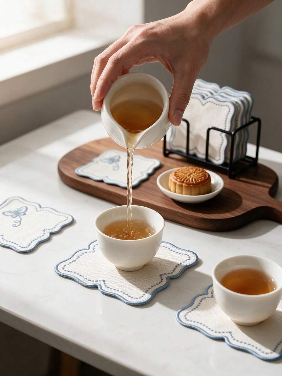 4入藍色方形蝴蝶刺繡聚酯纖維杯墊,可水洗桌飾防滑餐墊,防水防油,適用餐廳、咖啡廳、民宿,適合下午茶、節日、派對、聚會、生日、婚禮、晚餐 - 彩色 - 查看 1