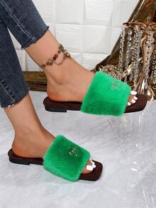 Women's Autumn/Winter Fashion Fuzzy One-Strap Slides, Metal Bow Decor Open Toe Flat Slippers, Soft Comfortable Home & Outdoor Fuzzy Slippers - Green - View 2