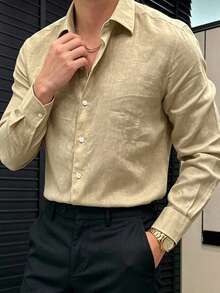 男士新款白色經典休閒長袖襯衫，時尚戶外襯衫外套 - 卡其色 - 查看 4