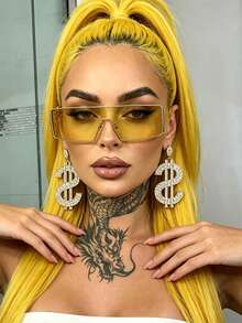 1 Pair Y2K Style Fashion Glasses, Women's Fashion Accessory, Suitable For Streetwear, Photography, Beach Travel, Back To School Season Essential, Rimmed Design - Yellow - View 2