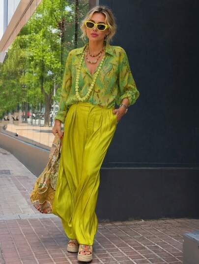 Setelan 2 Potong Motif Bohemian Musim Gugur untuk Kembali ke Sekolah untuk Wanita: Celana Panjang Lebar Motif Paisley Kuning Neon dengan Atasan Kerah Kemeja Elegan dan Celana Panjang Longgar, Lipatan Tusuk Gigi di Bagian Depan Celana, Kemeja Hijau untuk Hari Guru, Pakaian Gaya Pasar Renaissance Vintage, Kain Lembut dan Mengalir