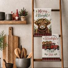 2PCS Christmas Highland Cow & Truck Pattern Printed 40*60cm Country Vintage Style Rectangular Microfiber Soft Kitchen Towels, Dish Cloths, Tablecloths, Hand Towels, Christmas Home Decor, Bathroom & Kitchen Decor, Neighbor Housewarming Gift, Perfect For Kitchen & Bathroom Use, Suitable For Housewives And Family Gatherings, High Value, Household Essential - Multicolor - View 2