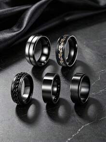 5PCS Black Stainless Steel Men's Rings, Punk Dragon Pattern Spinner Chain Rings, Couple Wedding Promise Jewelry For Daily Business Casual - Multicolor - View 4