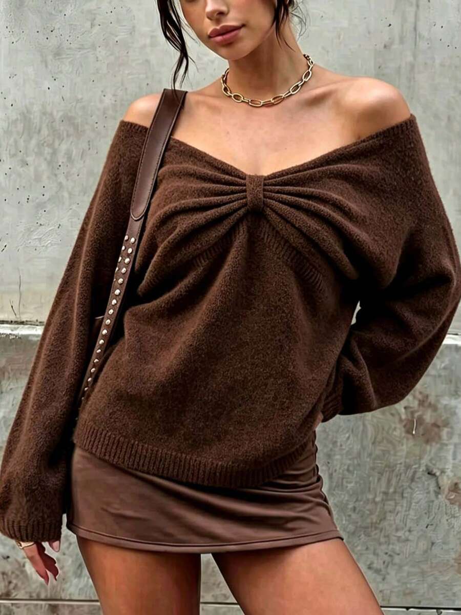 Plus Size Solid Color Casual Low V-Neck Ruched Off-Shoulder Long Sleeve Knit Sweater - Brown - View 1