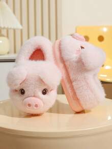 Children's Winter Indoor Cute Cartoon Pig Plush Closed-Back Slippers For Girls, Toddlers, Infants And Boys - Pink - View 6