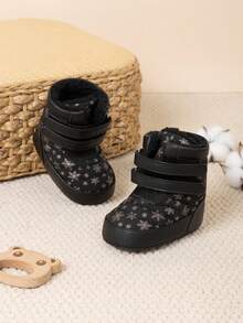 Fashionable Infant Fluffy Winter Snow Boots With Snowflake Pattern, Soft Sole, Thick Fleece Lining, Warm Ankle Boots - Black - View 5