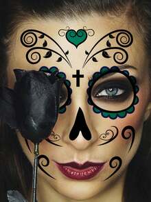 6pcs Halloween Day Of The Dead Face Tattoo Stickers, Skull Spider Web Face Decoration Temporary Tattoos - Multicolor - View 5