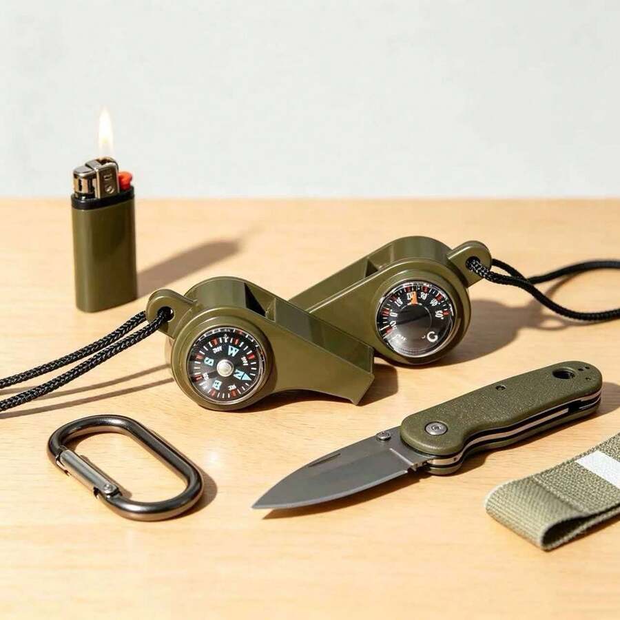 2pcs Multi-Function Whistle, Olive Green 3-In-1 Emergency Survival Whistle With Compass, Thermometer And Lanyard, Durable Material, Suitable For Camping, Hiking And Outdoor Activities, Camping Accessories - A - View 1