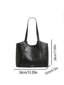 Tote Bag With Contrast Stitching And Metal Plaque Decor, Handheld Shoulder Large Capacity Multi-Compartment Storage, Open Top Closure, Minimalist Commuter Intellectual Style, Tote Bag, Women's Office Commute School Business Trip Daily Travel, Elegant Textured Versatile Popular Office Bag - Black - View 2