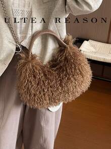 1pc Solid Color Plush New Women's Backpack, Shoulder Bag, Crossbody Bag, Fashion Square Handbag, Zipper Closure, Autumn/Winter New Style, Suitable For Commuting, Shopping, Dating - Brown - View 7