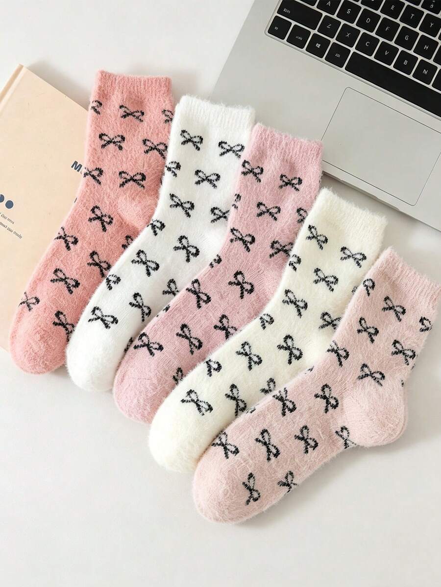 5 Pairs Autumn/Winter Mink Fur Bow Mid-Calf Socks For Girls, Soft Plush Fleece Thickened Home Sleep Socks, Skin-Friendly Warm And Breathable, Multiple Colors Available, Fuzzy Soft Heat Retention, Cold Protection For Feet, Gentle Color Palette With Cozy Atmosphere - Multicolor - View 1