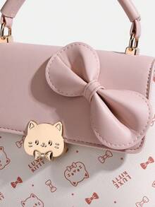 Autumn New Sweet Style Cat & Bow Pattern Handbag Crossbody Bag With Contrast Trim, Girly Design - Multicolor - View 4