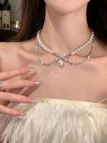 1pc Exquisite Pearl Beaded Bow Necklace, Suitable For Daily Wear, Fashion Necklace Accessory For Parties, Birthday Gift Necklace For Girlfriend - Silver - View 2