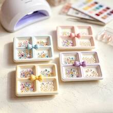 1pc Mini 4-Grid Nail Glitter Storage Box & Nail Color Palette, With Bow Decoration, 2-In-1 Watercolor Palette, Multi-Purpose Nail Rhinestone & Pearl Storage Tray - Multicolor - View 3
