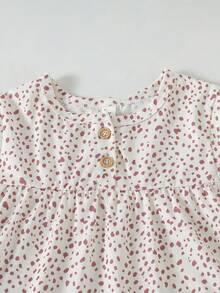 Girls' Gentle Small Ditsy Floral Half-Button Puff Sleeve Blouse & Elastic Waist Wide Leg Denim Jeans Casual 2-Piece Set, Spring/Autumn - Multicolor - View 4