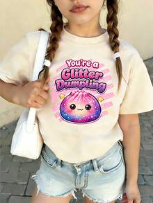 Tween Girl Casual Fun Print Round Neck Pullover Short Sleeve T-Shirt Summer Top - Apricot - View 2
