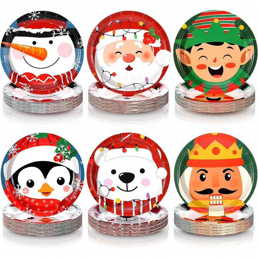 10pcs/60pcs Christmas Paper Plates 7 Inch,Cute Cartoon Xmas Character Dessert Plates With Santa,Snowman,Penguin,Bear,Elf & Nutcracker Pattern,Holiday Tableware For Christmas Party,Winter Festive Dinner Decor Supplies - Multicolor - View 1