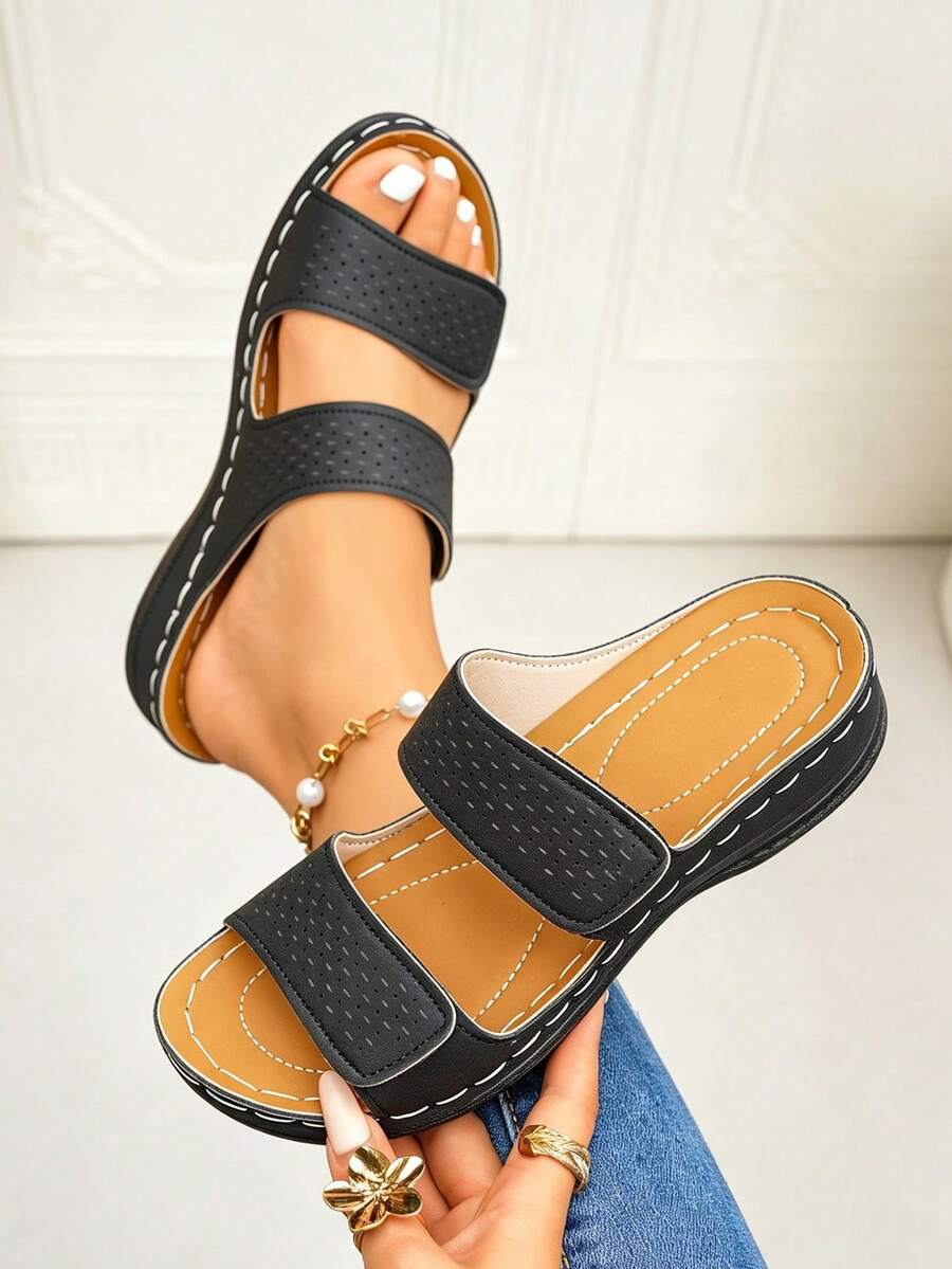Louis Elegant Women's Shoes, Summer New Round Toe Thick Sole Open Toe Flat Sandals, Hook And Loop Design, Fashionable Minimalist Style Women's Flat Sandals, Soft Sole Beach Shoes Suitable For Travel, Vacation, Beach, Street, Party, Home And Other Various Occasions, Can Also Be Paired With Any Summer Outfit Black Sandals - Black - View 1