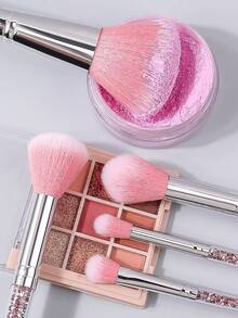 Pink Rhinestone 5-Piece Portable Makeup Brush Set, Student Style, Travel Touch-Up Beauty Tool Kit - Pink - View 4