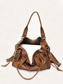 Vintage Faux Leather Shoulder Bag, Fashion Design Large Capacity Shoulder Bag, Niche Classic Multi-Functional Handbag, Suitable For Daily Commute - Brown - View 10