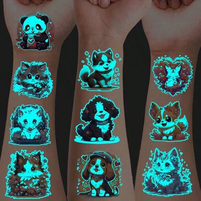 zillor 13 Sheets Blue Luminous Animals Tattoo Stickers,Glow In The Dark Cute Cartoon Pandas Cat Dog Fox Cute Pet Monster Pattern,Decoration At Nightclub Music Festival Party Favors,Perfect Gifts,Birthday Party Supplies, Goodie Bags Fillers,Stocking Stuffer