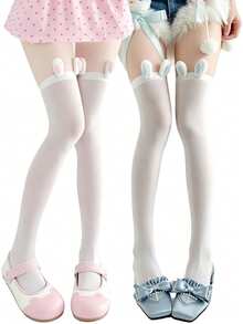 1/2 paires de chaussettes hautes mignonnes pour femmes avec oreilles de lapin 3D, chaussettes hautes douces, convenant pour Lolita, cosplay, costumes d'Halloween - Multicolore - Voir 7