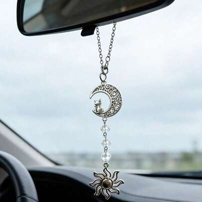 Moon Cat Sun Car Rearview Mirror Hanging Ornament, Silver Chain, Dreamy Vintage Style Car Interior Decor, Decorative Car Gift For Women