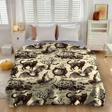 1pc Vintage Halloween Flannel Throw Blanket, Nostalgic Sketch Style Pumpkin Lantern, Witch Hat, Black Cat, Bat, Cauldron And Dead Tree Pattern, Soft And Warm Printed Blanket, Suitable For Sofa, Bed And Halloween Home Decor - Multicolor - View 5