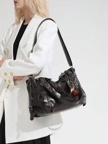Women's Vintage Tote Bag, Rivet Decor Adjustable Dual‑Use Shoulder Crossbody Bag, Large Capacity Casual Handbag For Daily Used - Coffee - View 4