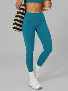 Sodalemon Women's Seamless Front Pilates Training Leggings, Solid Color Yoga Tight Pants, Running Outdoor Sports Pants - Teal Blue - View 6