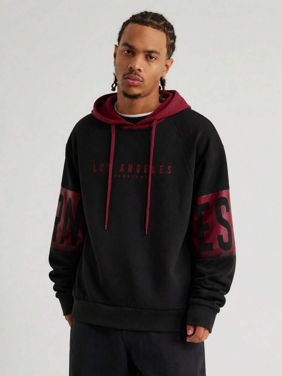 Men's Spring/Autumn Thin Colorblock Letter Print Drawstring Hooded Sweatshirt, Slim Fit Casual Sports Top - Red - View 1