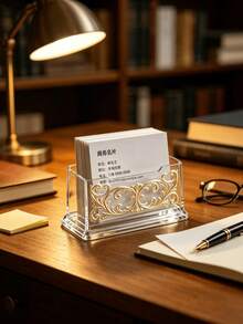 1pc Acrylic Business Card Holder For Desk, Luxury Golden Embossed Pattern Desktop Card Display Stand, Office Reception Desk Card Organizer,Exclusive Design Makes Your Business Card Holder Unique. - A - View 8