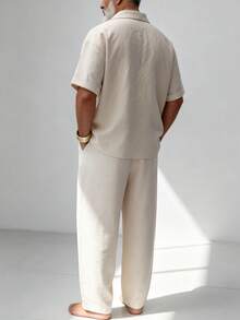 GOLDREDY Summer Japanese Zen Style Men's Casual Set, Asymmetrical Collar Short Sleeve Shirt, Loose Wide Leg Pants, Lightweight Casual 2 Pieces Outfit - Apricot - View 2