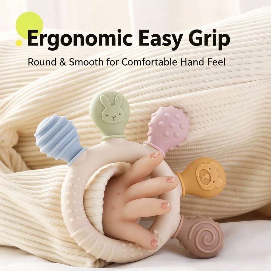 Baby Silicone Teether Ring Teething Stick Multi-Texture Chewing Toy For Teething Period Easy To Clean Multiple Colors Available - Multicolor - View 1