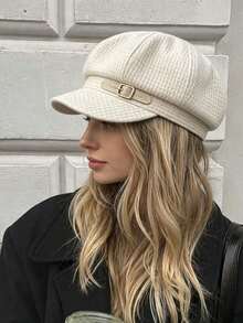 Waffle Knit Octagonal Newsboy Cap, Black, Metal Buckle Decor, Vintage Casual Style, Autumn/Winter - Multicolor - View 1