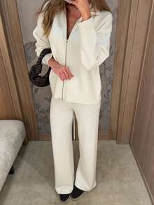 Elegant Minimalist Women's Beige Ribbed Knit Zip-Up Wool Sweater & Wool Wide-Leg Pants Set, Comfortable Autumn Outfit - Cream - View 7