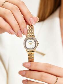 1pc Ladies' Octagonal Retro Quartz Watch, Gold Alloy Case With Rhinestone Bezel, Elegant Gold Alloy Strap, Suitable For Daily Wear And Gift Giving - White - View 4