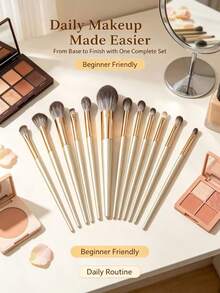 15pcs Full Set Champagne Gold Handle Makeup Brushes, Eyeshadow Concealer Blush Highlighter Contour Brushes - Multicolor - View 6