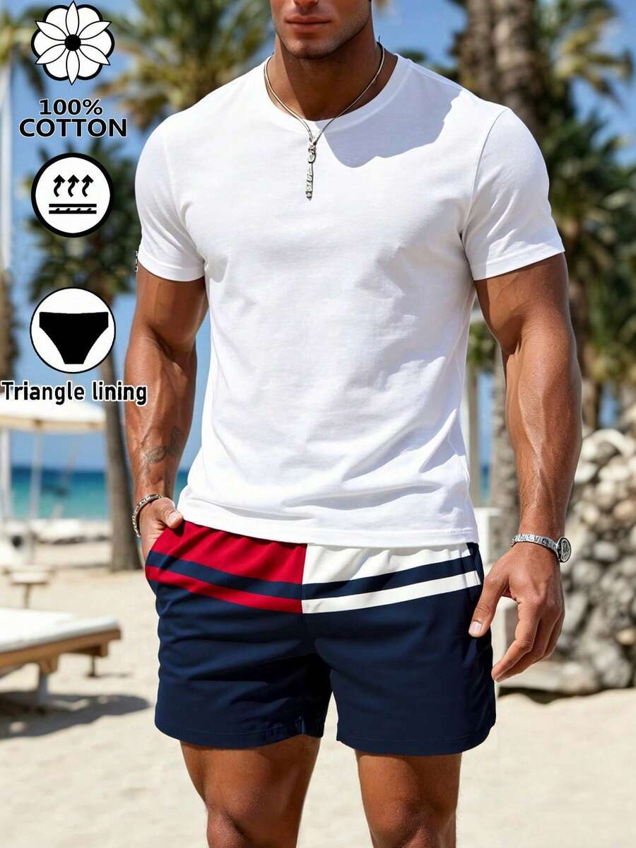 男士2件組夏季套裝，100%純棉圓領T恤與拼色泳褲