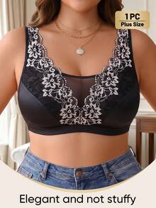 MEIYATING 1pc Plus Size Full Coverage Wireless Floral Lace Romantic Elegant Contrast Color Push Up Bra For Daily Wear - Black - View 6