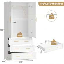 71 Inch Wooden Armoire Wardrobe Closet With 3 Drawers, Freestanding Clothes Storage Cabinet With Hanging Rod For Bedroom, Entryway, Living Room - 1 - View 4