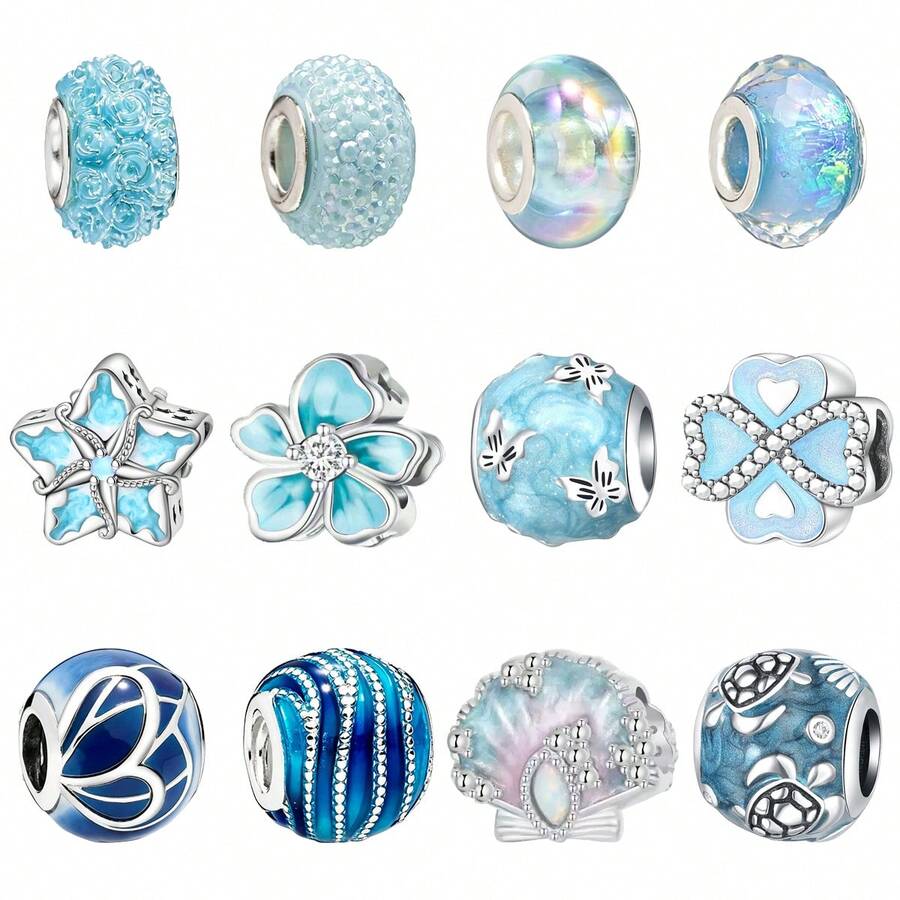 1pc Light Blue Murano Pendant Bead, Silver-Plated Starfish, Four-Leaf Clover, Shell, Turtle, Butterfly Hanging Charm, Large Hole Design, Suitable For Bracelet, Handmade Jewelry Making, For Girls - Baby Blue - View 1